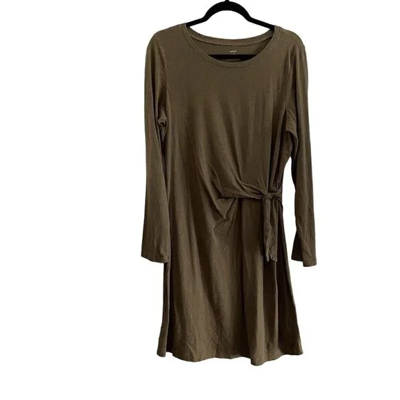 Aerie Women L Olive Green Cotton Casual Long Sleeve Side Tie T-Shirt Dress - Picture 3 of 12
